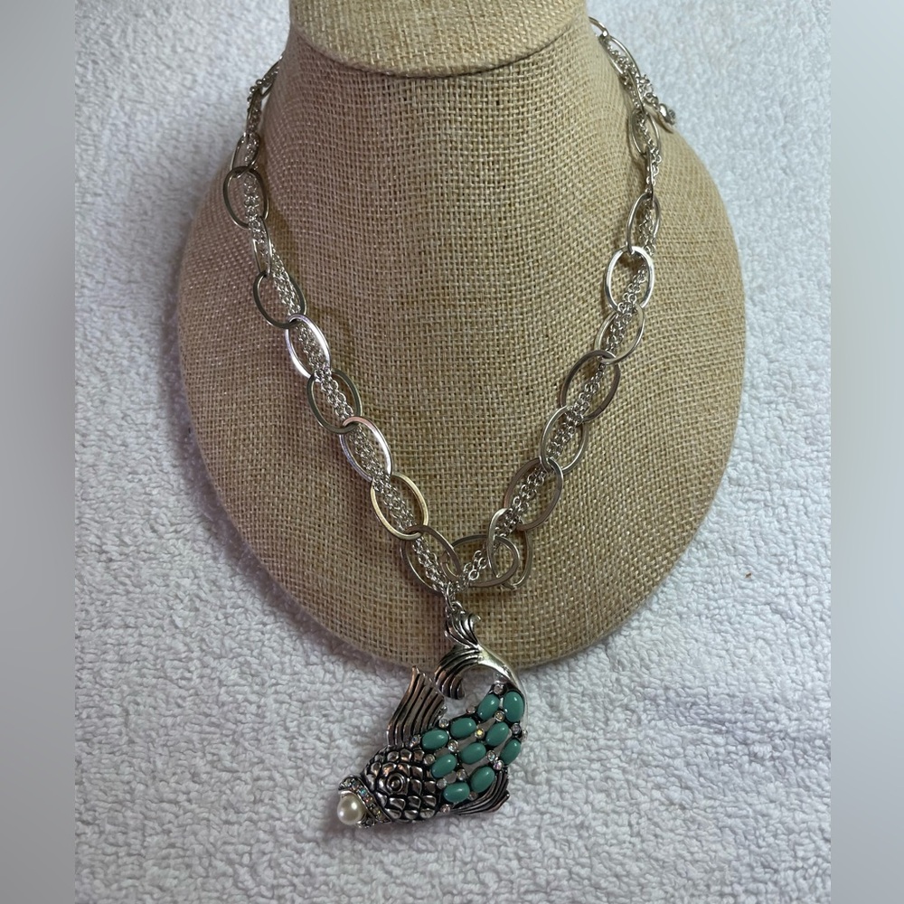 NWOT Silver Necklace With Fish Pendant Adorned With Turquoise/Rhinestone/Pearl